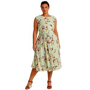 Ralph Lauren Plus Floral Crepe Dress Green A-Line Tie Waist Sleeveless A-Line